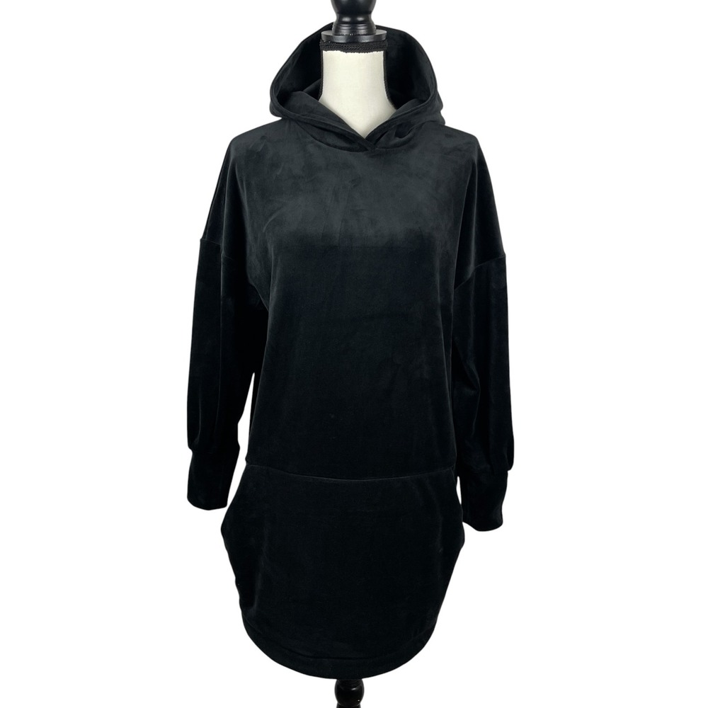 Express Women's Hooded Dress Medium Black Velour Tunic Sweatshirt Long Sleeve
